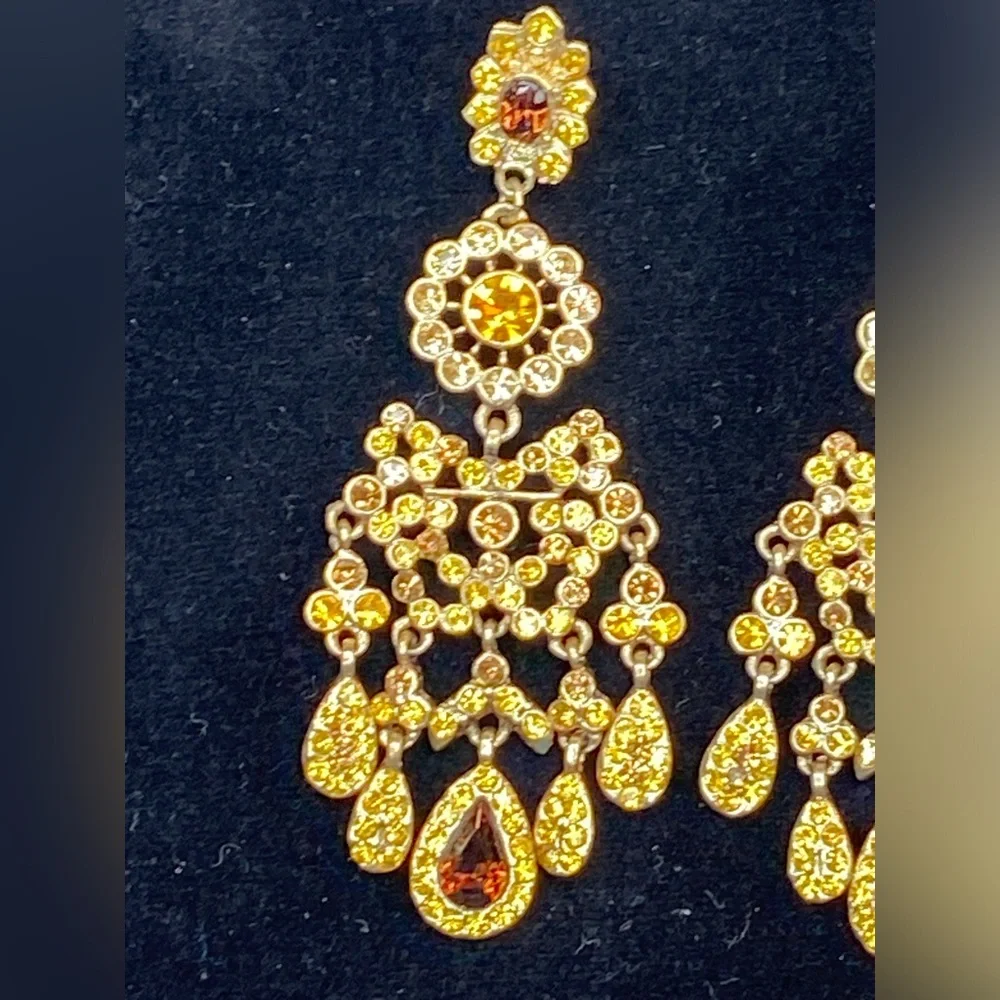 Chandelier Rhinestone Earrings Pierced Honey Topaz Color